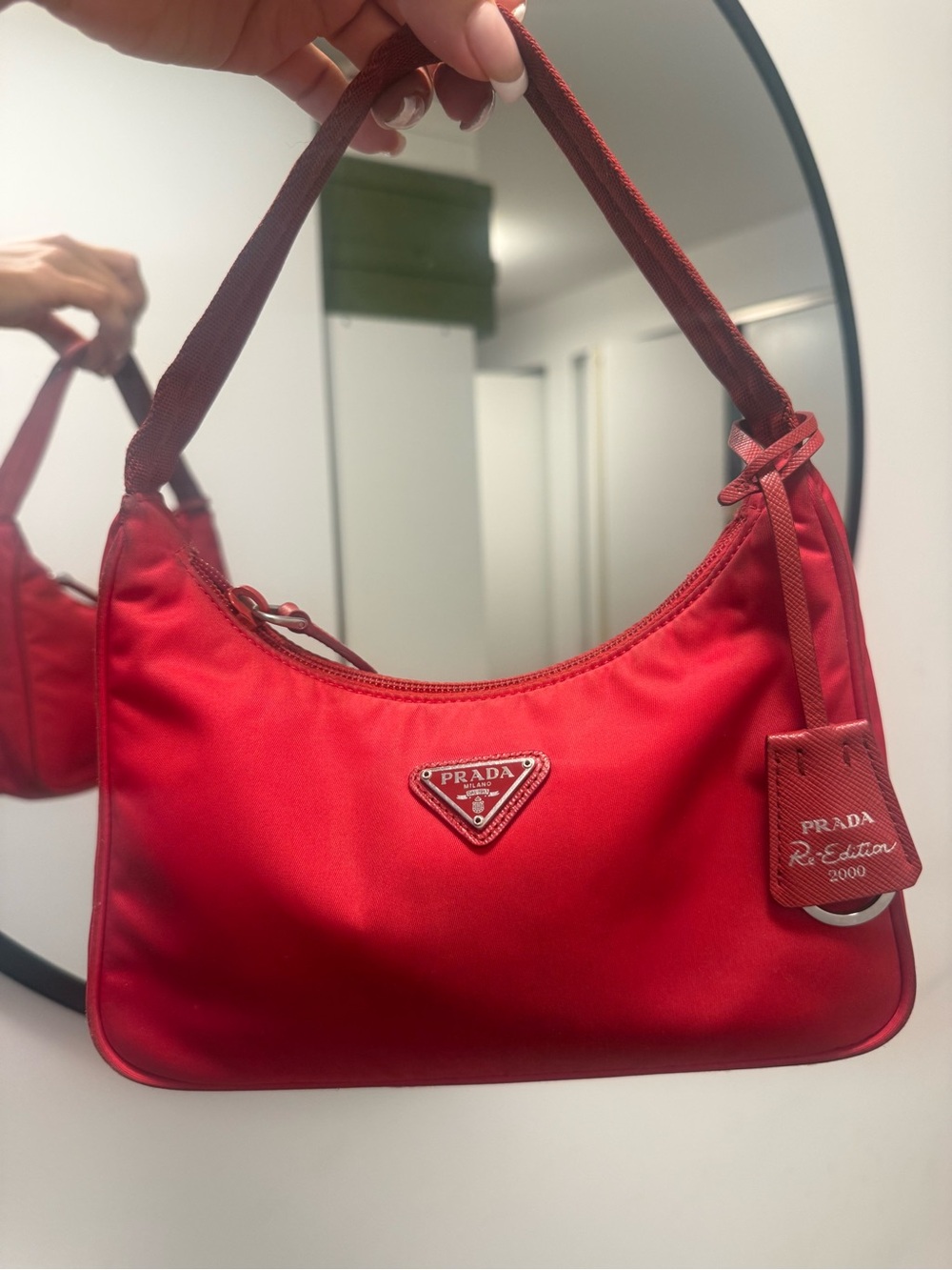 Prada Red Nylon Shoulder Bag with Logo Tag